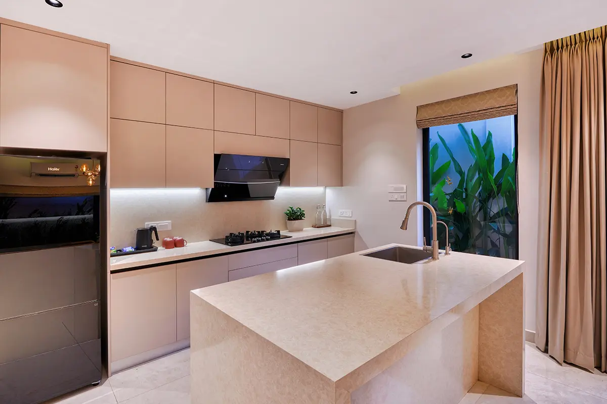 Modern kitchen interior with island counter and integrated appliances