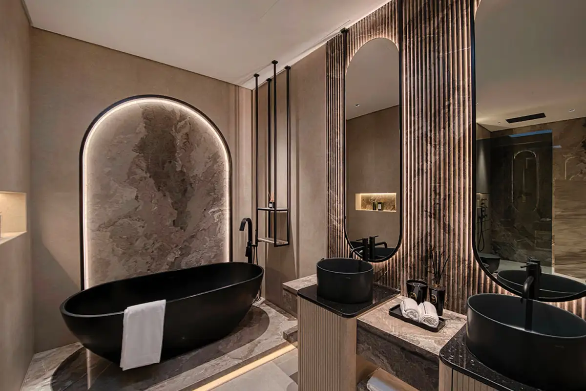 contemporary villa bathroom interior photography with black tub