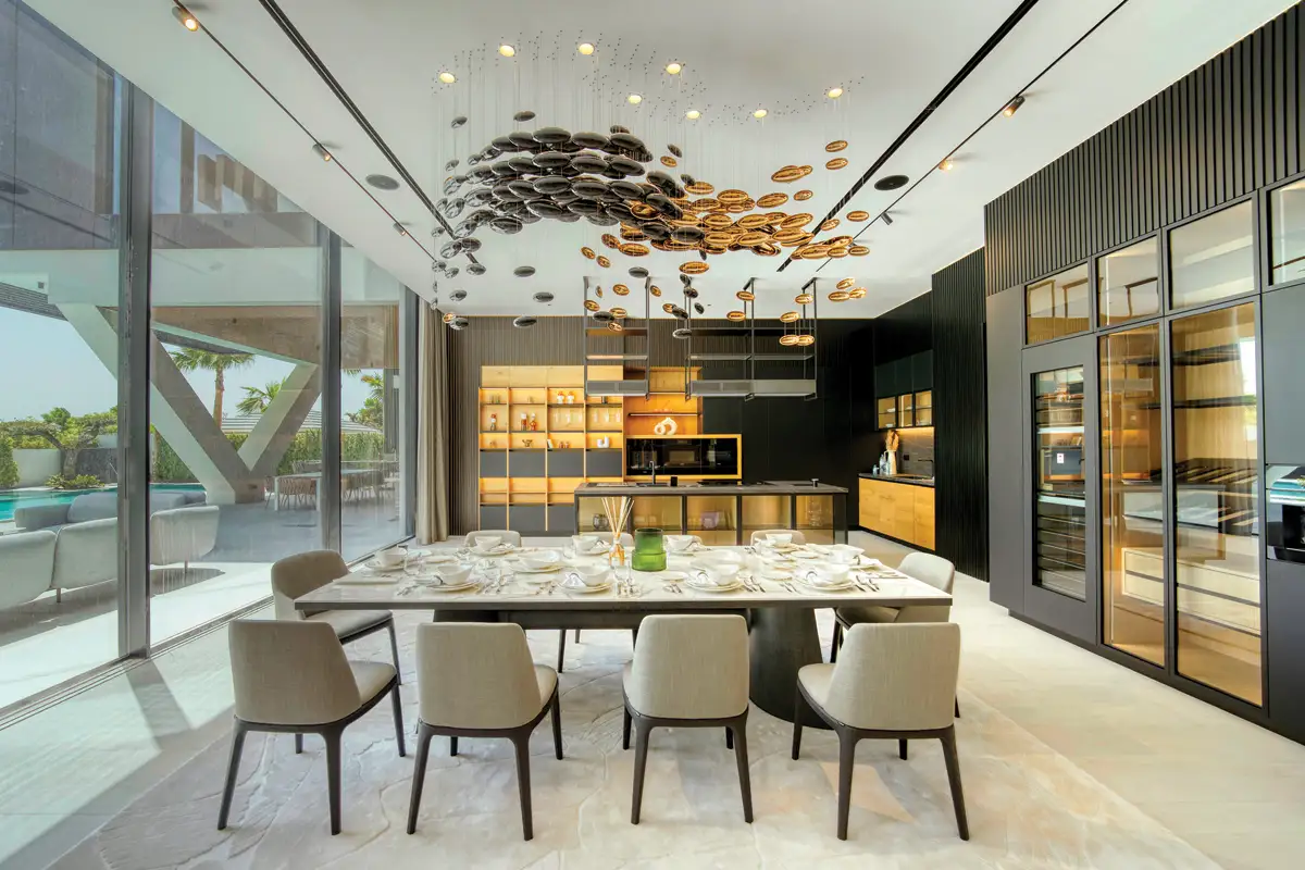 Luxury villa interior photography Doha Qatar — modern kitchen and dining design